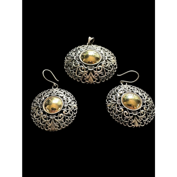 Sterling Silver & 14k Gold Ornate Filigree Drop Dangle Earrings & Pendant - Picture 4 of 9